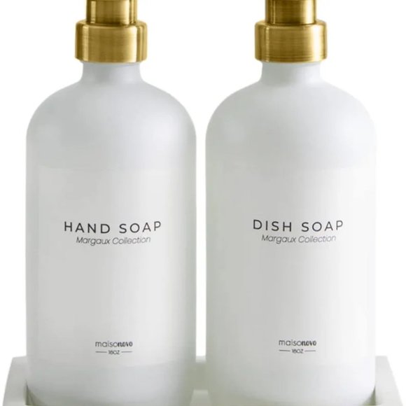 Glass Soap Dispenser with Pump and Concrete Tray, White Bottles with Gold Pumps - Picture 1 of 6